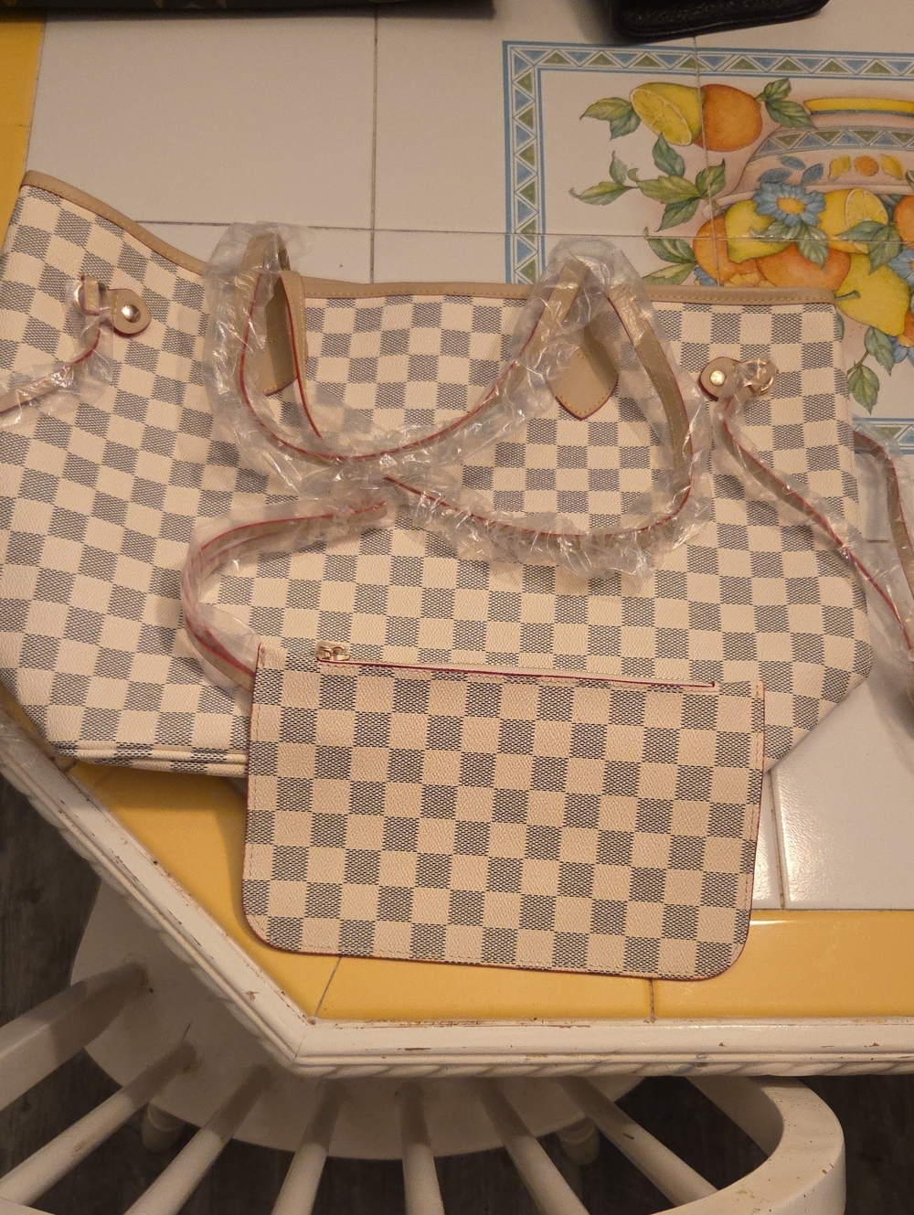 Cream Checkered Tote Bag with Removable Pouch